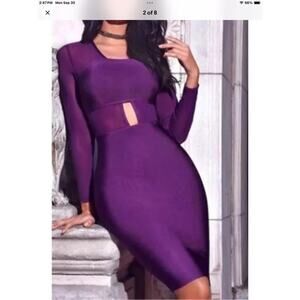 Miss Circle Revolve Purple Bandage Bodycon long sleeve mini Dress Mesh small